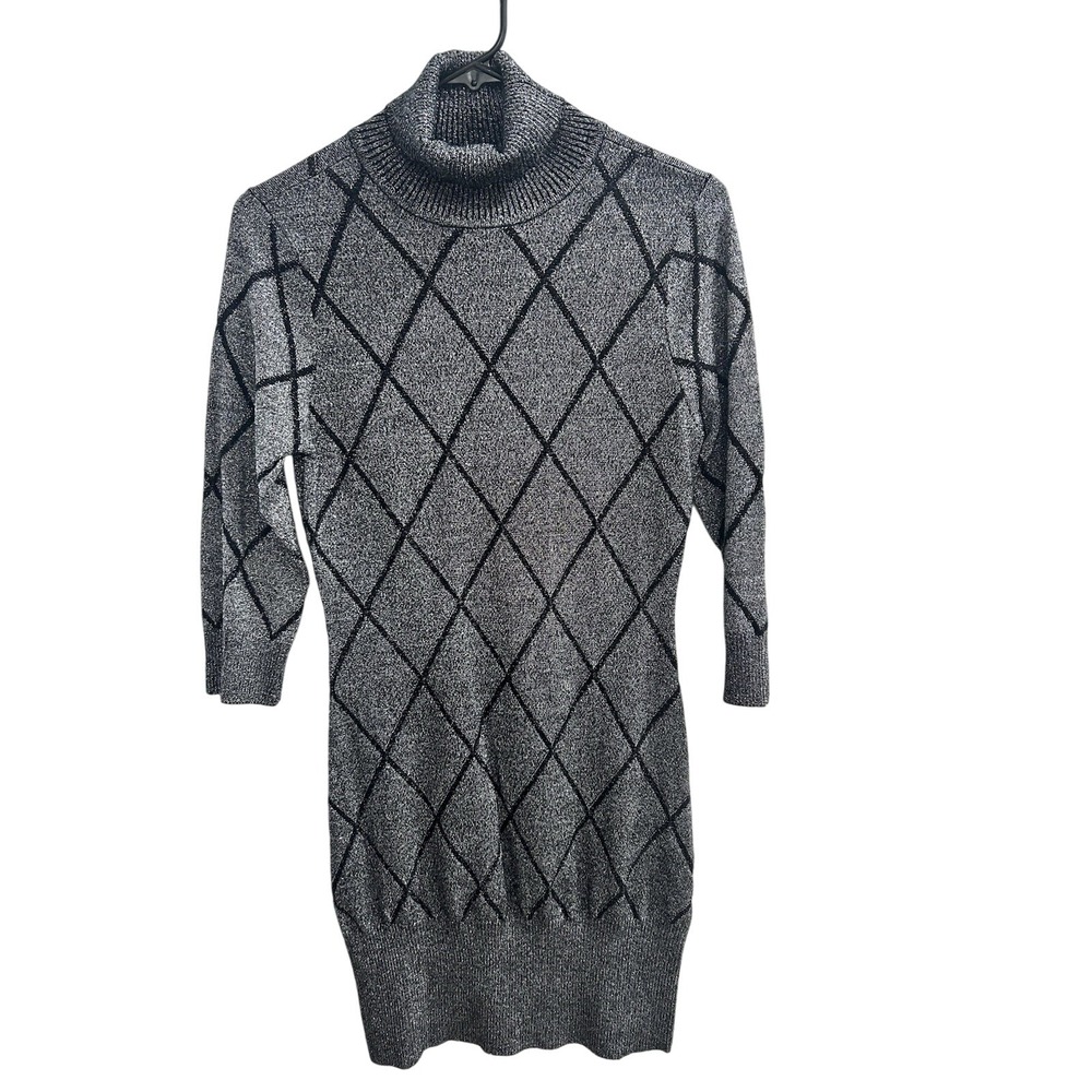 Women's‎ Medium Venus Gray Metallic Diamond 3/4 Sleeve Turtleneck Bodycon Dress